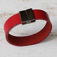 Leather wristband bracelet, 'Crimson Sophistication' - Crimson Leather Wristband Bracelet with Magnetic Clasp