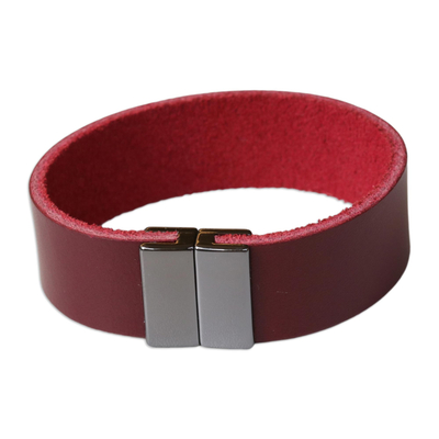 Armband aus Leder - Armband aus purpurrotem Leder mit Magnetverschluss