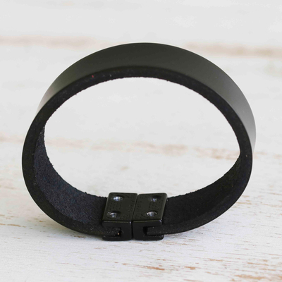 Leather wristband bracelet, 'Jet Sophistication' - Modern Jet Leather Wristband Bracelet with Magnetic Clasp
