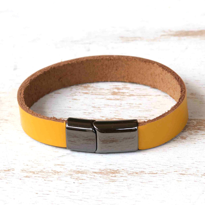 Leather wristband bracelet, 'Yellow Cadillac' - Yellow Leather Wristband Bracelet with Magnetic Clasp