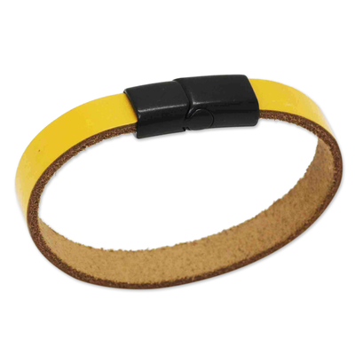 Leather wristband bracelet, 'Mustard Allure' - Leather Wristband Bracelet with Magnetic Clasp in Yellow