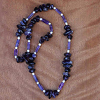 Amethyst and cultured pearl long beaded necklace, 'Purple Break' - Handcrafted Amethyst and Cultured Pearl Long Beaded Necklace