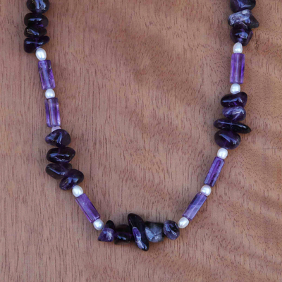 Collar largo de cuentas de amatista y perlas cultivadas - Collar largo con amatista y perlas cultivadas hecho a mano