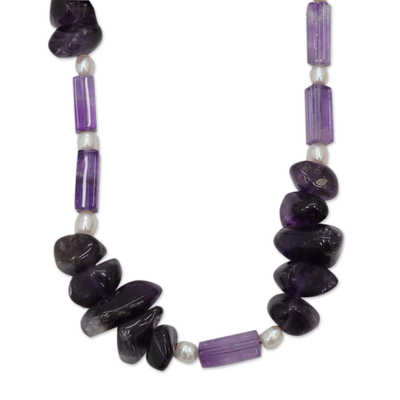 Amethyst and cultured pearl long beaded necklace, 'Purple Break' - Handcrafted Amethyst and Cultured Pearl Long Beaded Necklace