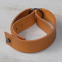 Leather wristband bracelet, 'Double Ginger' - Ginger Leather Bracelet with Double Band and Zamac Hoop