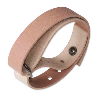 Leather wristband bracelet, 'Double Beige' - Beige Leather Bracelet with Double Band and Zamac Hoop