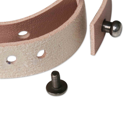 Leather wristband bracelet, 'Double Beige' - Beige Leather Bracelet with Double Band and Zamac Hoop