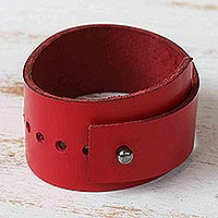 Leather wristband bracelet, 'Futuristic Crimson' - Leather Wristband Bracelet in Crimson with Button Clasp