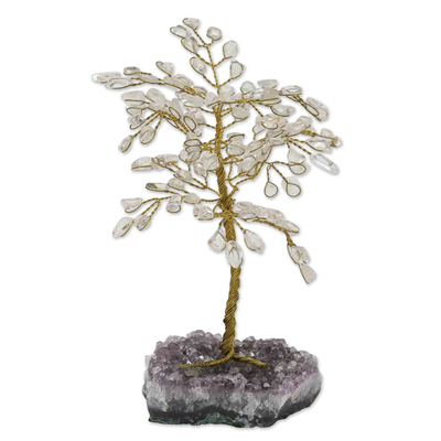 Handcrafted Quartz and Amethyst Sculpture of a Tree