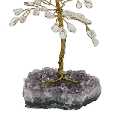 Quartz and amethyst gemstone tree, 'Spiritual Leaves' - Handcrafted Quartz and Amethyst Sculpture of a Tree