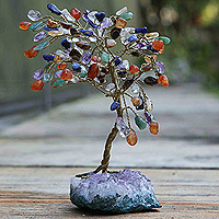 Multi-gemstone tree, 'Prosperous Energies' - Multi-Gemstone Sculpture of a Tree with Amethyst Base