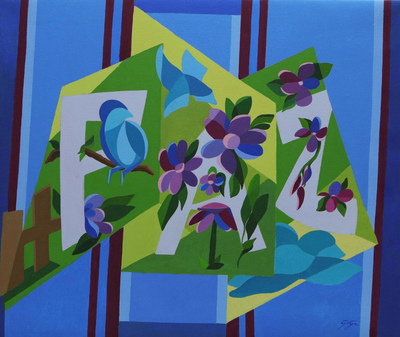 'Rebaño de la Paz' (2022) - Pintura expresionista de flores y pájaros estirados (2022)