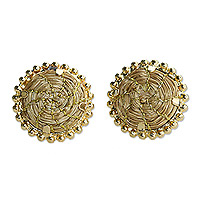 Gold-plated golden grass button earrings, 'Golden Spirit' - 18k Gold-Plated Button Earrings Made from Golden Grass