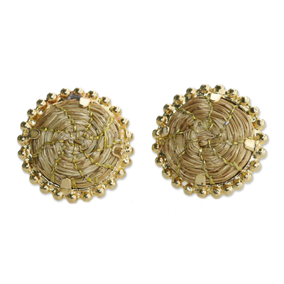 18k Gold-Plated Button Earrings Made from Golden Grass
