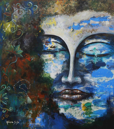Acrylic on Canvas Expressionist Buddha Painting from Brazil