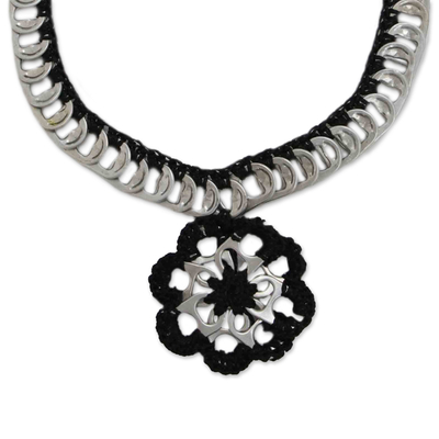 Crocheted soda pop-top pendant necklace, 'Eco Flower in Black' - Floral Black Crocheted Soda Pop-Top Pendant Necklace