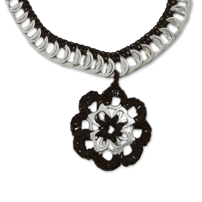 Crocheted soda pop-top pendant necklace, 'Eco Flower in Brown' - Floral Brown Crocheted Soda Pop-Top Pendant Necklace