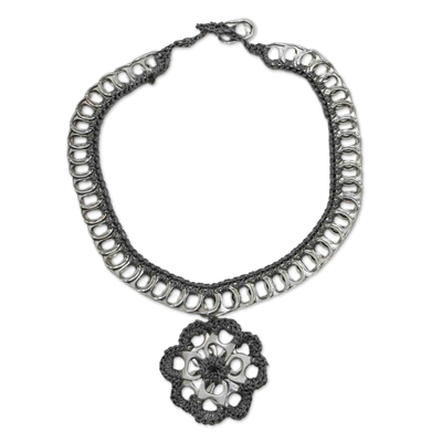 Crocheted soda pop-top pendant necklace, 'Eco Flower in Grey' - Floral Grey Crocheted Soda Pop-Top Pendant Necklace