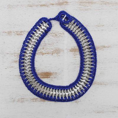 Crocheted soda pop-top statement necklace, 'Blue Conscience' - Blue Crocheted Aluminium Soda Pop-Top Statement Necklace