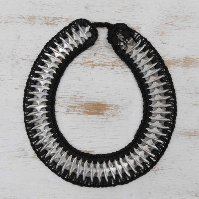 Crocheted soda pop-top statement necklace, 'Black Conscience' - Black Crocheted Aluminium Soda Pop-Top Statement Necklace