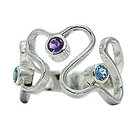 Amethyst and aquamarine cocktail ring, 'Romantic Twists' - Romantic Sterling Silver Cocktail Ring with Gemstones