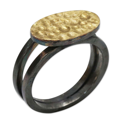 Gold-accented rhodium-plated cocktail ring, 'Noble Oval' - Modern Rhodium-Plated Cocktail Ring with 18k Gold Accent