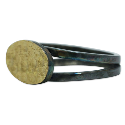 Gold-accented rhodium-plated cocktail ring, 'Noble Oval' - Modern Rhodium-Plated Cocktail Ring with 18k Gold Accent