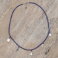 Lapis lazuli beaded charm necklace, 'Royal Inspiration' - Sterling Silver and Lapis Lazuli Beaded Charm Necklace