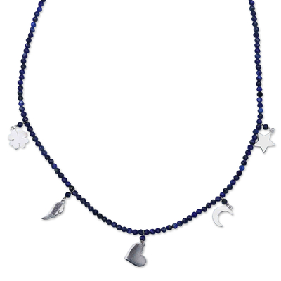 Halskette mit Anhänger aus Lapislazuli-Perlen - Charm-Halskette aus Sterlingsilber und Lapislazuli-Perlen
