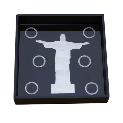 Tablett aus Holz und Kaffeepads, „Ökologischer Segen“. - Umweltfreundliches schwarzes Tablett mit Christus dem Erlöser Bild