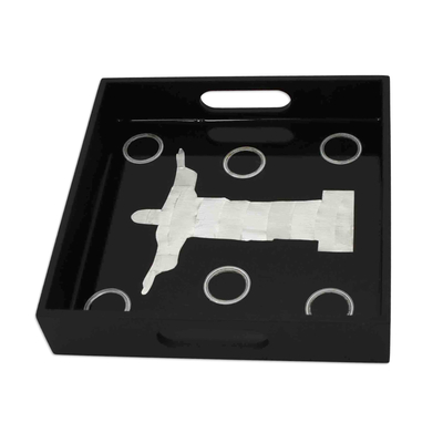 Wood and coffee pod tray, 'Ecological Blessing' - Eco-Friendly Black Tray with Christ the Redeemer Image