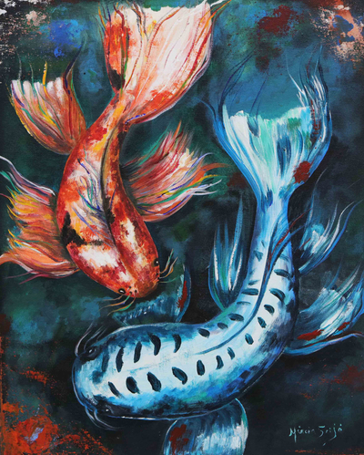 Acrylic Impressionist Stretched Painting of Two Carp Fish