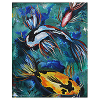 'Carpa Koi' - Pintura impresionista de peces Koi en un estanque de Brasil