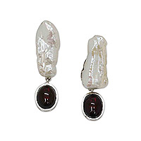 Cultured pearl and garnet dangle earrings, 'Double Charm' - Cultured Pearl Garnet and Sterling Silver Dangle Earrings