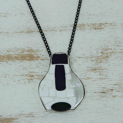 Agate and ceramic long pendant necklace, 'Mosaic' - Ceramic and Agate Pendant Necklace with Rhodium-Plated Chain