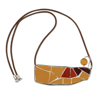 Agate and ceramic long pendant necklace, 'Chic Mosaic' - Ceramic Mosaic Pendant Necklace with Agate Silver & Leather