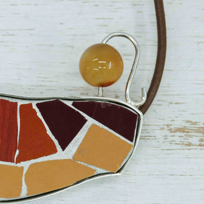 Collar largo colgante de ágata y cerámica - Collar con Colgante de Mosaico de Cerámica con Ágata Plata y Cuero