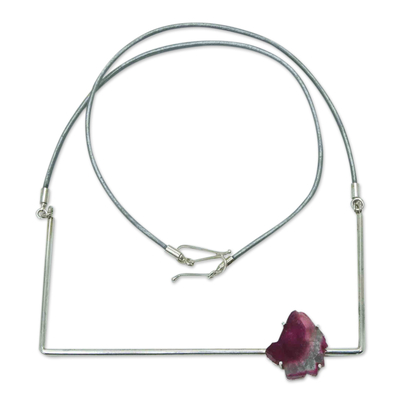 Tourmaline long pendant necklace, 'Pink Chic' - Tourmaline Sterling Silver and Leather Long Pendant Necklace