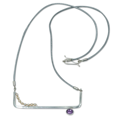 Cultured pearl and amethyst long pendant necklace, 'Purple Chic' - Tourmaline Sterling Silver and Leather Long Pendant Necklace