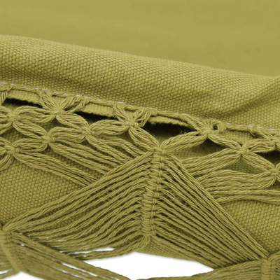 Cotton hammock, 'Olive Eden' (single) - Loomed Olive Cotton Hammock with Crocheted Details (Single)