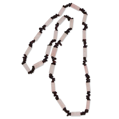 Rose quartz and garnet long beaded necklace, 'Subtle Style' - Handcrafted Rose Quartz & Garnet Long Beaded Necklace
