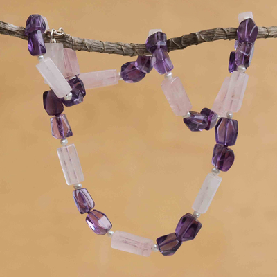 Collar con cuentas de piedras preciosas Múltiples - Collar hecho a mano con cuentas de perlas cultivadas de cuarzo rosa y amatista