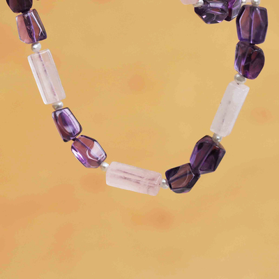 Multi-gemstone beaded necklace, 'Glam Look' - Handmade Rose Quartz Amethyst Cultured Pearl Beaded Necklace