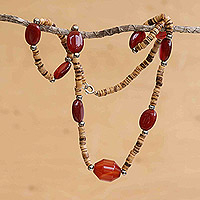 Agate and coconut long beaded necklace, 'Exotic Passion' - Agate & Coconut Long Beaded Necklace Handcrafted in Brazil