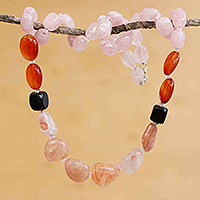 Multi-gemstone long beaded necklace, 'Exotic Elegance' - Handcrafted Rose Quartz Agate & Quartz Long Beaded Necklace