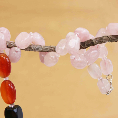 Multi-gemstone long beaded necklace, 'Exotic Elegance' - Handcrafted Rose Quartz Agate & Quartz Long Beaded Necklace