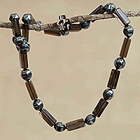 Smoky quartz and hematite beaded necklace, 'Dark Treasure' - Brazilian Beaded Necklace with Smoky Quartz and Hematite