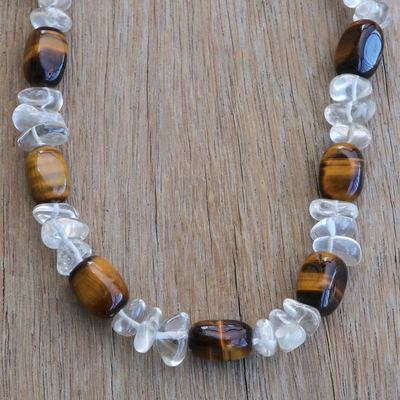 Halskette aus Quarz- und Tigerauge-Perlen - Lange Perlenkette mit klarem Quarz und Tigerauge-Edelsteinen