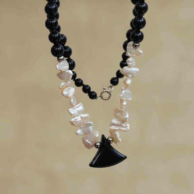 Collar con colgante de cuentas de ágata y perlas cultivadas - Collar Colgante de Cuentas con Ágata Negra y Perlas Blancas