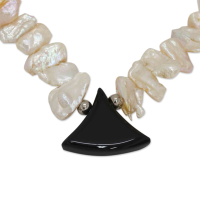Collar con colgante de cuentas de ágata y perlas cultivadas - Collar Colgante de Cuentas con Ágata Negra y Perlas Blancas